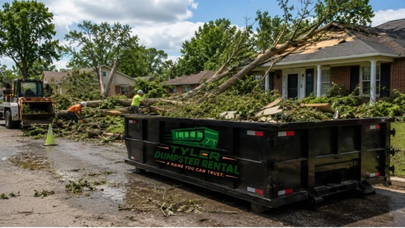Emergency dumpster rental Tyler TX — storm damage debris removal